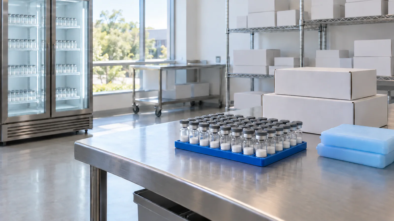 Rack of plain freeze-dried vials beside plain white mailer boxes and pale cold packs in a bright dispatch room with steel shelving and a lab refrigerator