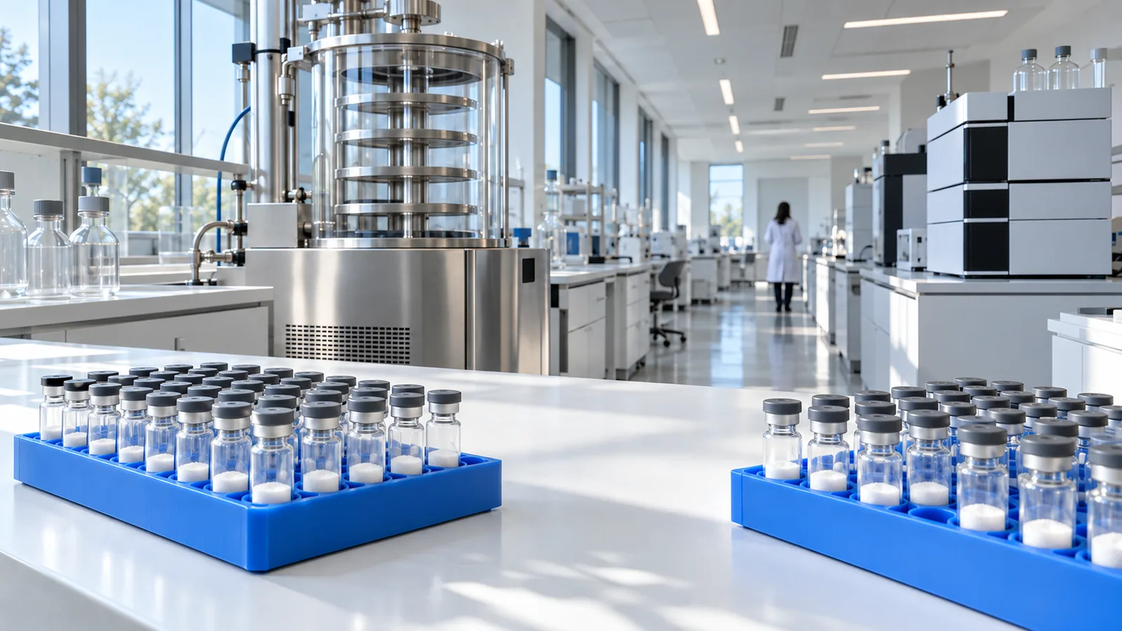 Two blue racks of plain freeze-dried peptide vials on a white bench in a bright laboratory, with a stainless freeze dryer and an LC-MS instrument behind