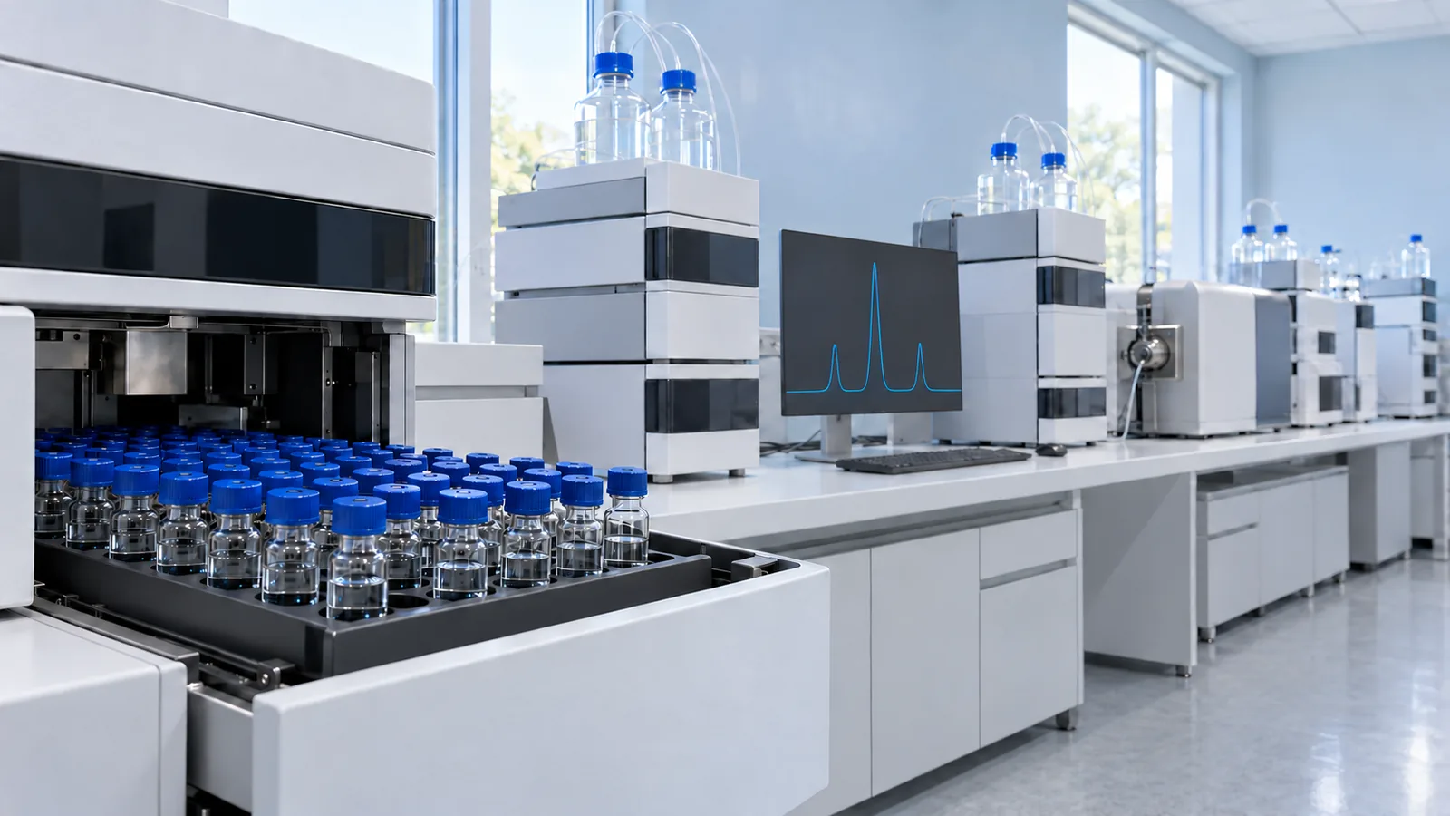 HPLC autosampler tray of small clear sample vials in front of a long bench of HPLC and LC-MS instruments in a sunlit analytical lab