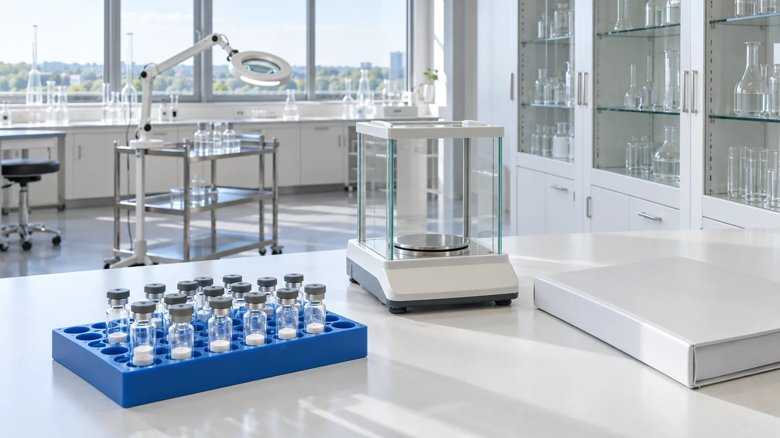 Quality-control bench with a rack of plain freeze-dried vials, an analytical balance and a closed binder, with a magnifier lamp and glass-front cabinets behind
