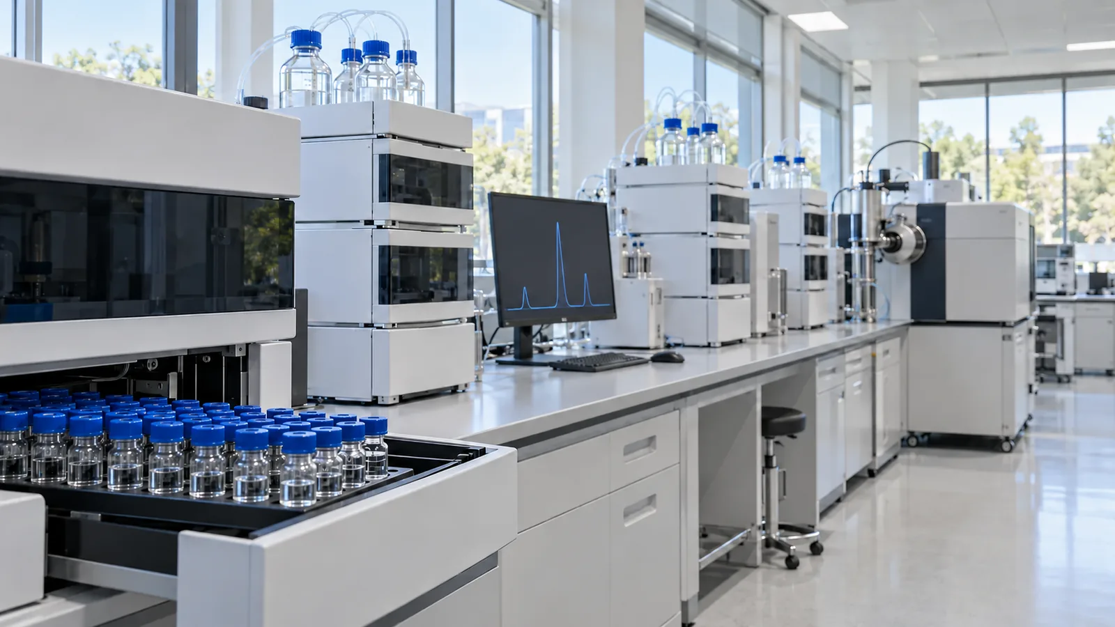 Analytical instrument room with a bench of HPLC systems, an LC-MS instrument at the far end and an autosampler tray of sample vials in front