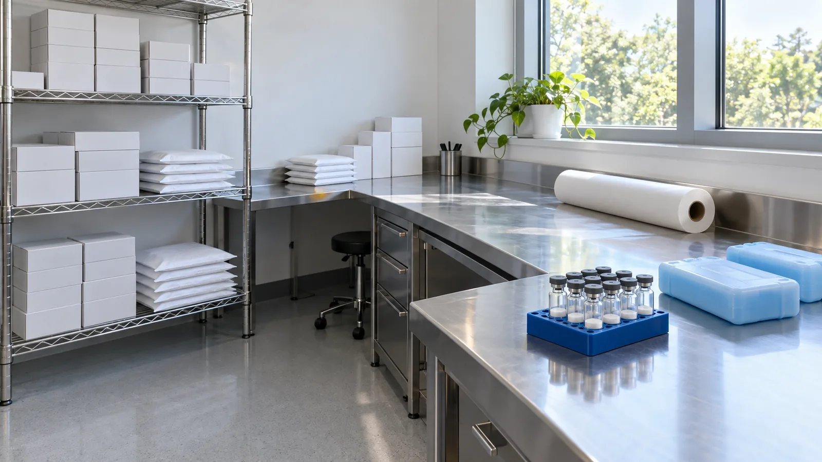Dispatch corner of a bright lab with plain white boxes and padded mailers on steel shelving and a small rack of powder vials on a packing bench