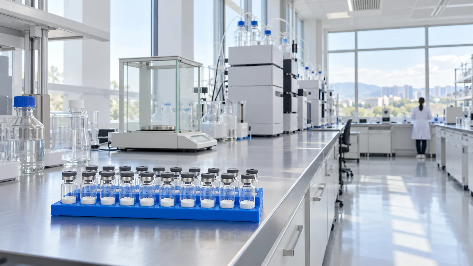 Blue rack of plain freeze-dried peptide vials in the foreground of a long, bright laboratory bench with HPLC modules and windows behind
