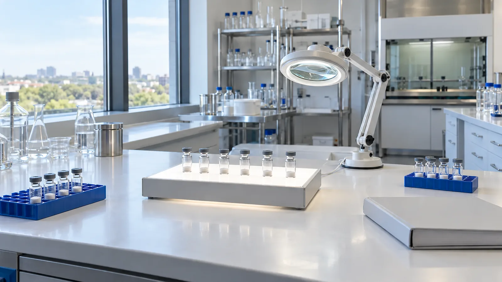 Quality-control bench by a window with plain powder vials on a light box, a magnifier lamp and two racks of vials sorted apart