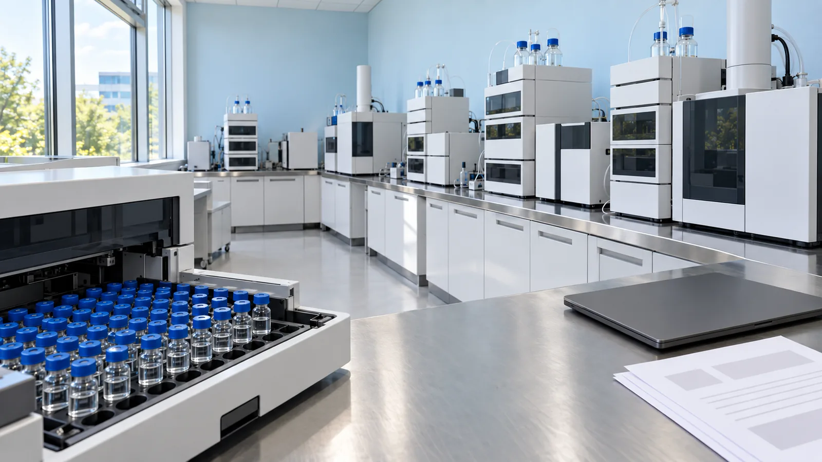 Instrument room with HPLC and LC-MS units along one wall and an autosampler tray of small clear sample vials