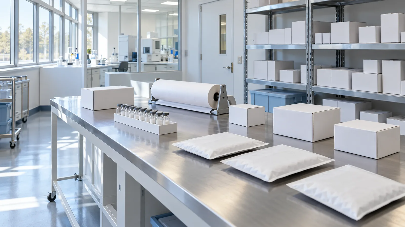 Dispatch room beside a lab with plain white mailers, small boxes and a low rack of plain vials on a packing table