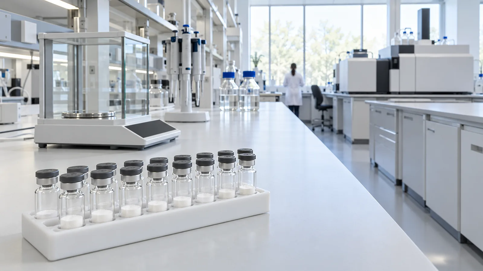 Wide bright analytical lab with a rack of plain peptide vials on a long white bench and an LC-MS instrument at the far end
