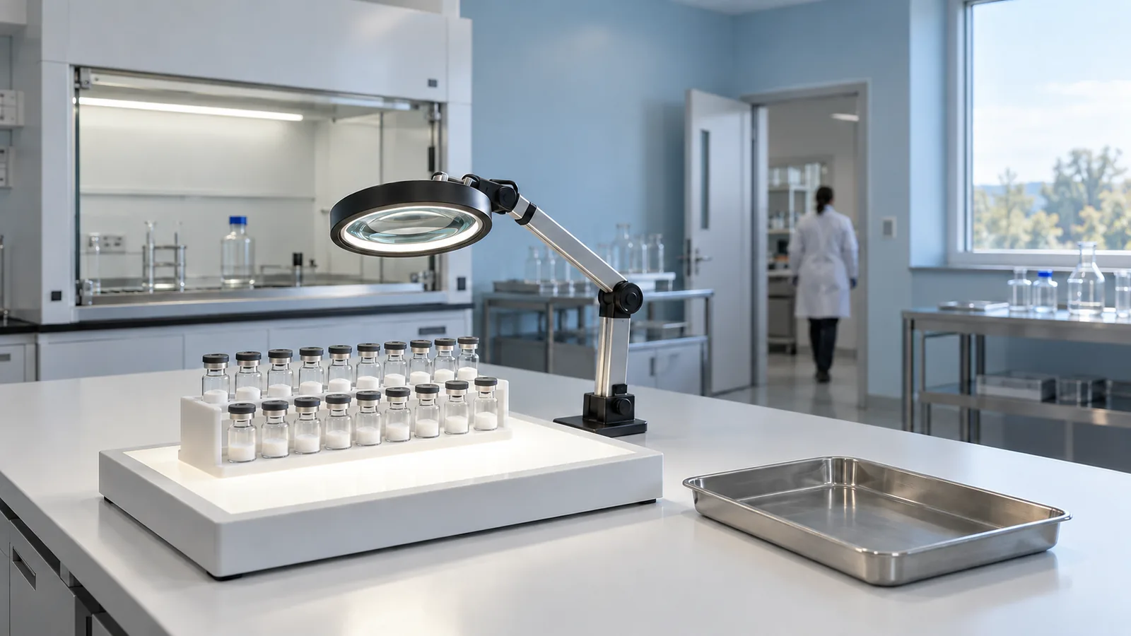Quality-control bench by a window with a rack of plain powder vials on a light box under a magnifier