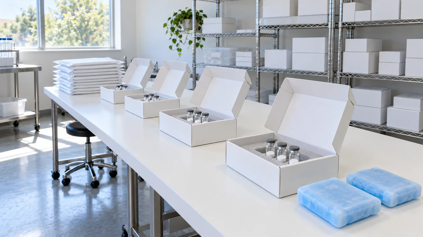 Row of open white mailer boxes holding plain powder vials in grey foam on a packing table, with padded mailers and pale-blue cold packs