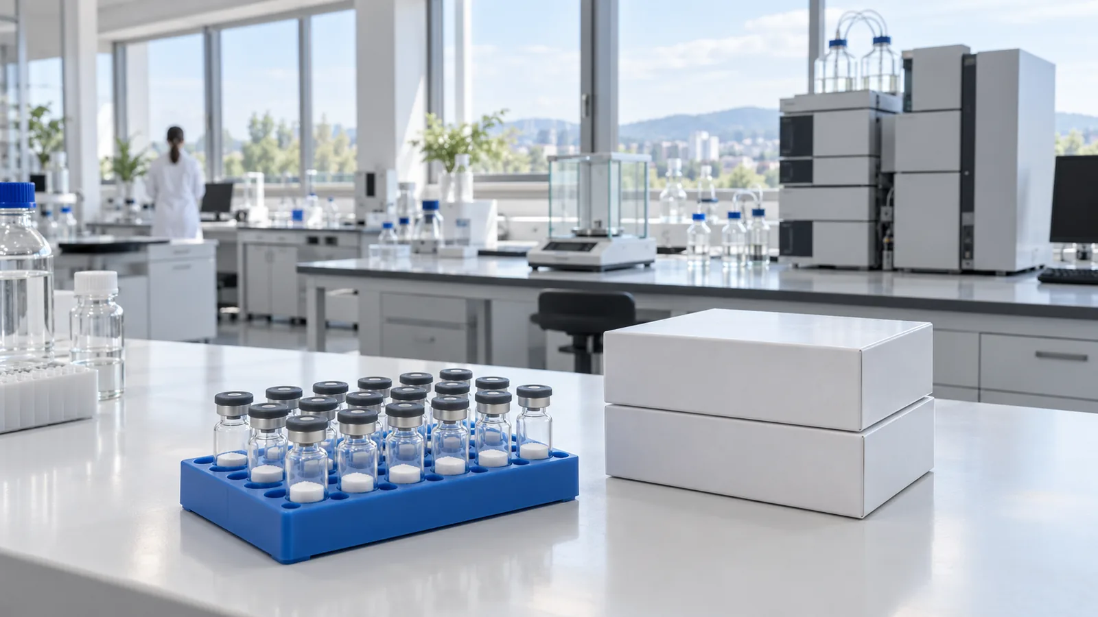 Blue rack of plain freeze-dried peptide vials beside two closed white storage boxes on a bench in a bright, quiet laboratory