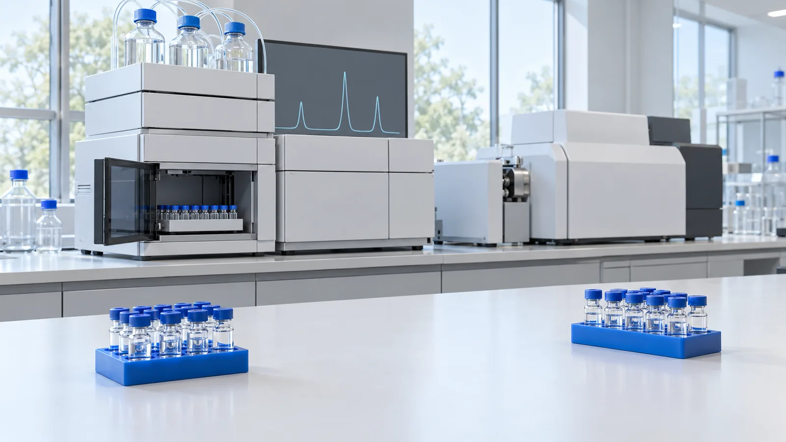 Two separate blue racks of clear sample vials on a bench in front of an HPLC system and an LC-MS instrument in a bright analytical lab
