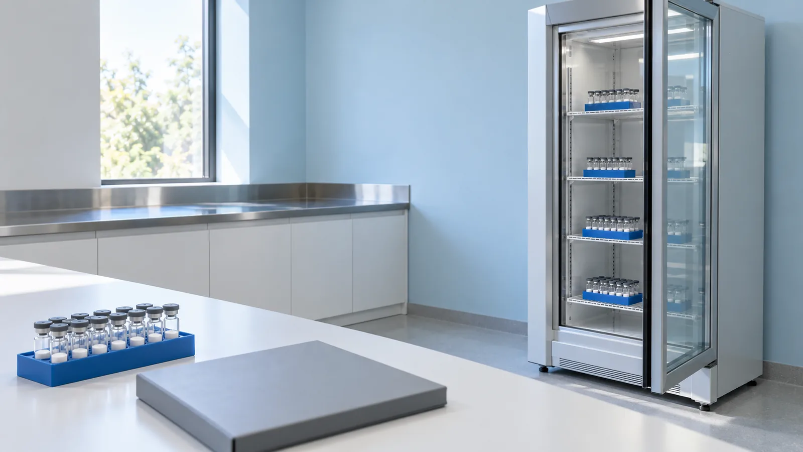 Glass-door laboratory refrigerator holding blue racks of plain powder vials, with a small rack of vials and a plain binder on the bench in front