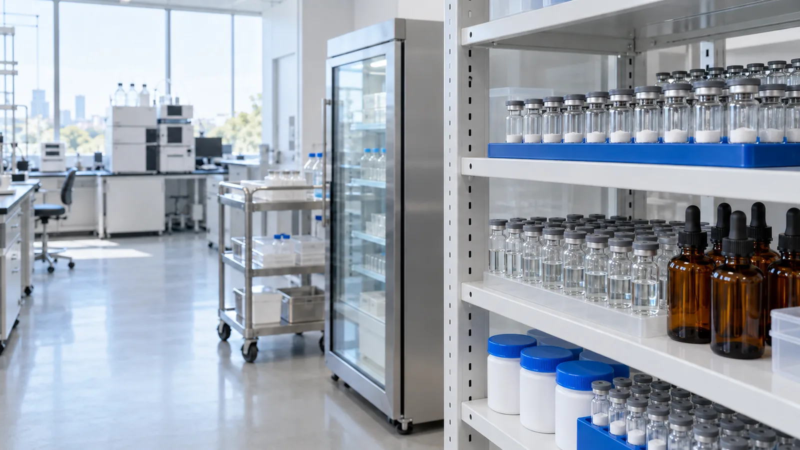 Laboratory shelving holding plain peptide vials, clear liquid vials, amber dropper bottles and white jars side by side