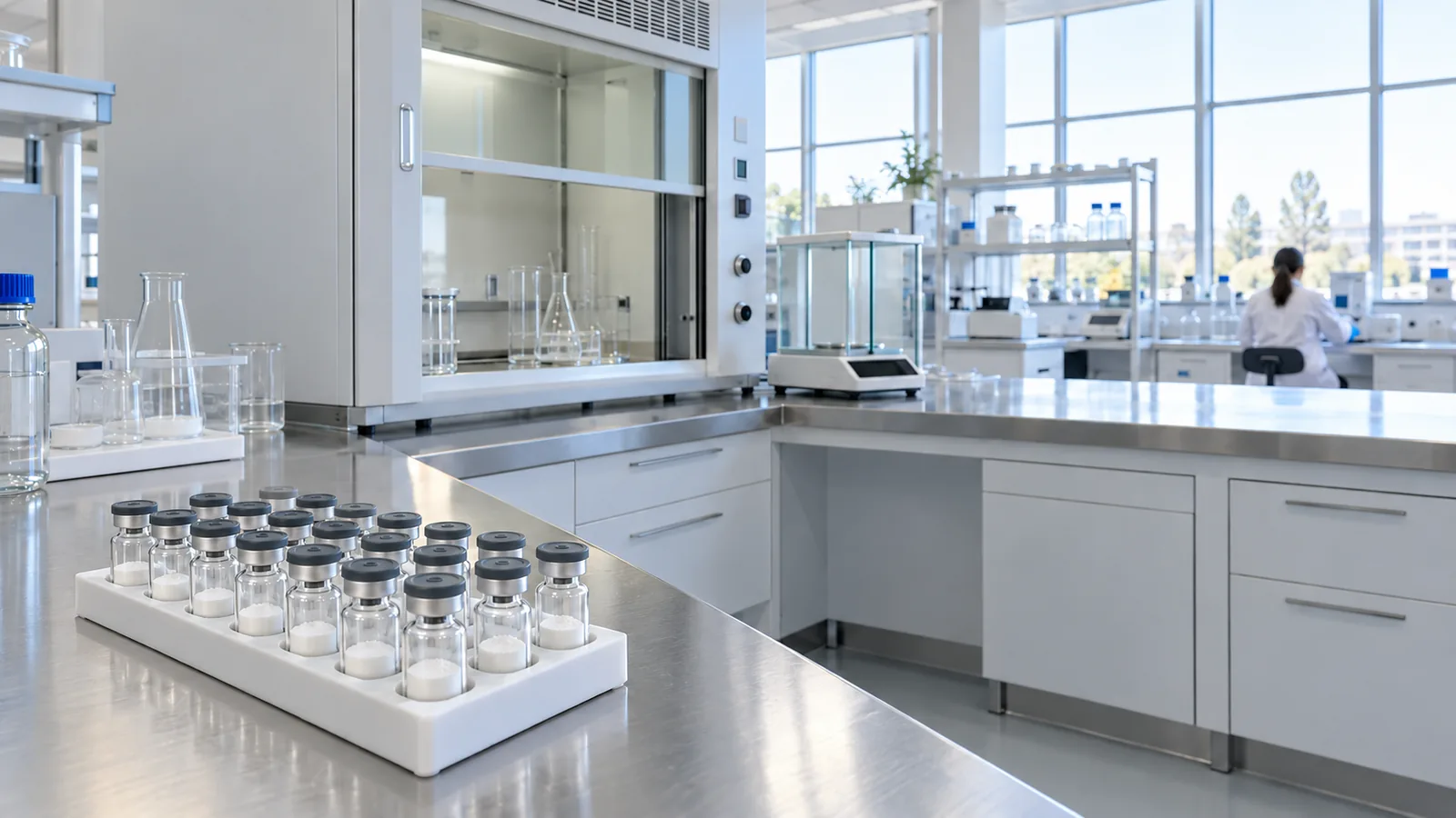 Rack of plain freeze-dried research vials on a stainless bench in a bright laboratory, with a fume hood and a researcher far in the background