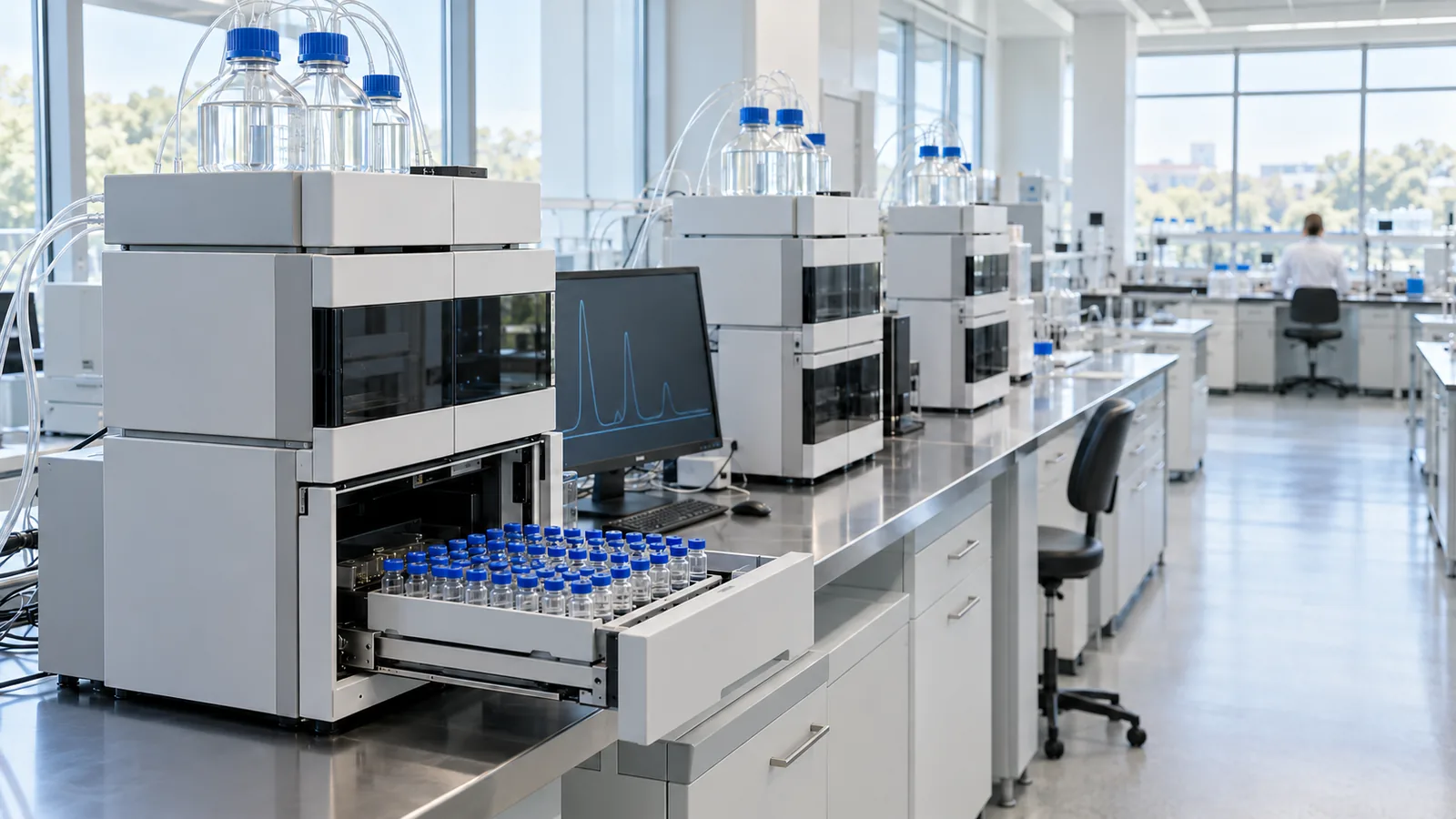 Row of HPLC instruments with an open autosampler tray of small sample vials in a daylight laboratory