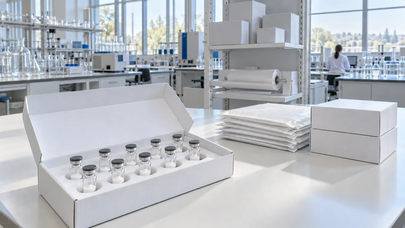 Plain freeze-dried vials seated in a foam insert beside plain white mailers and boxes on a laboratory packing bench