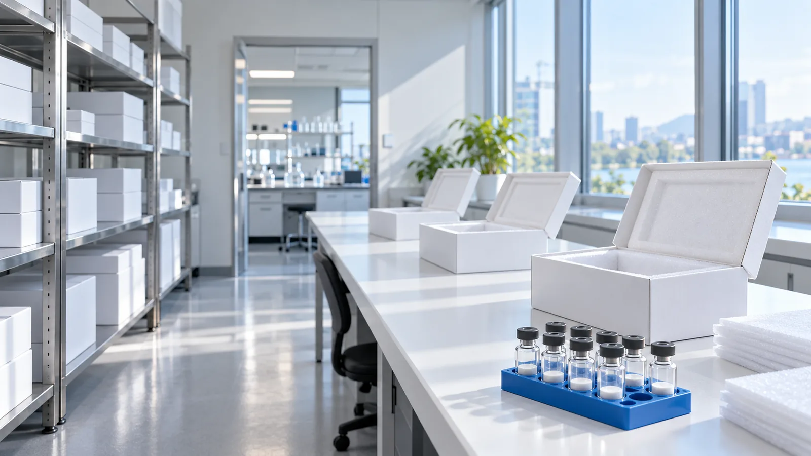 Wide view of a bright packing room with plain white boxes on steel shelving, a packing table by the window and a small rack of plain powder vials in the foreground