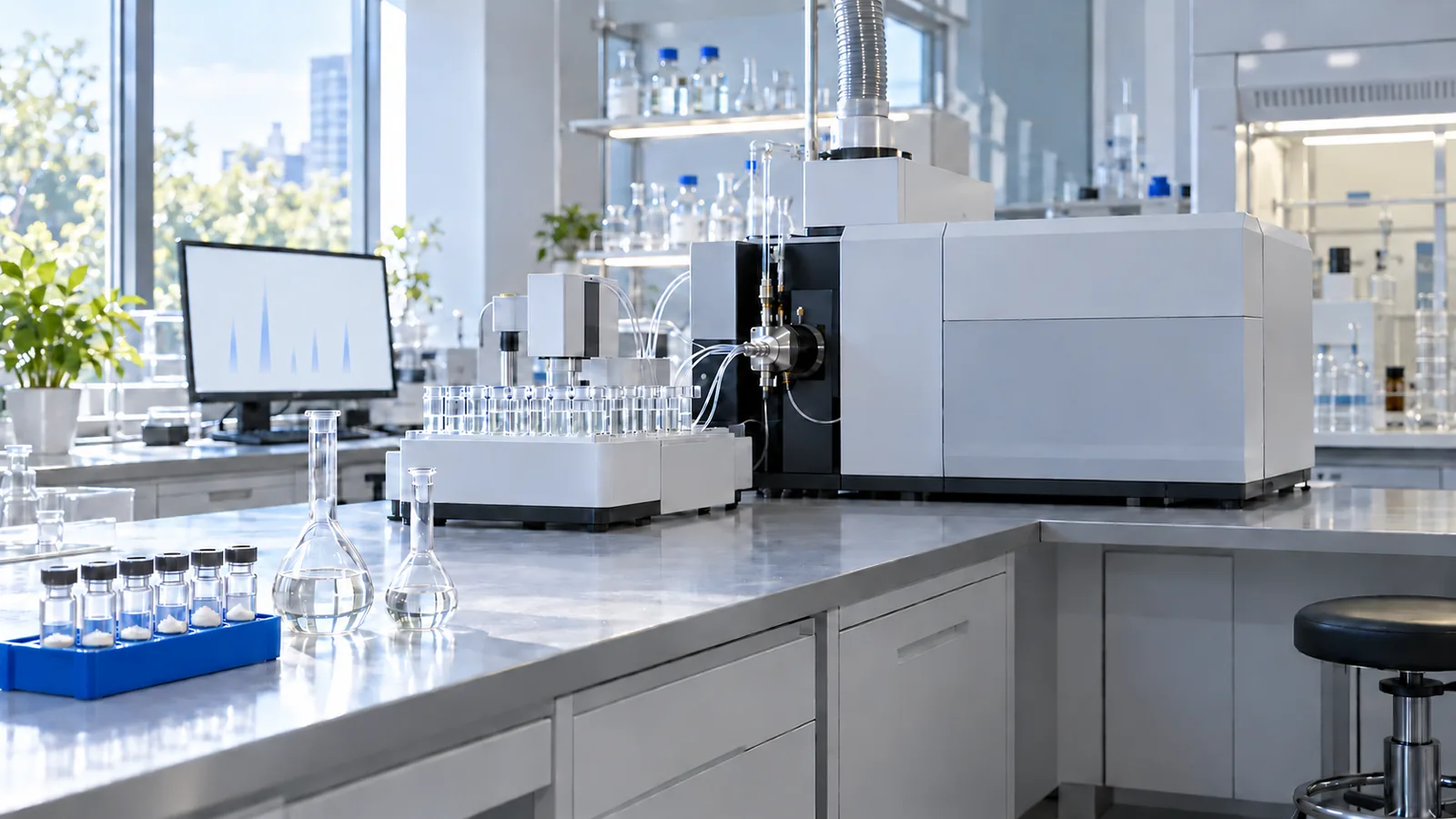 Wide view of an elemental analysis bench with an ICP-MS instrument, an autosampler rack of clear sample tubes and plain powder vials waiting on a white bench by a window