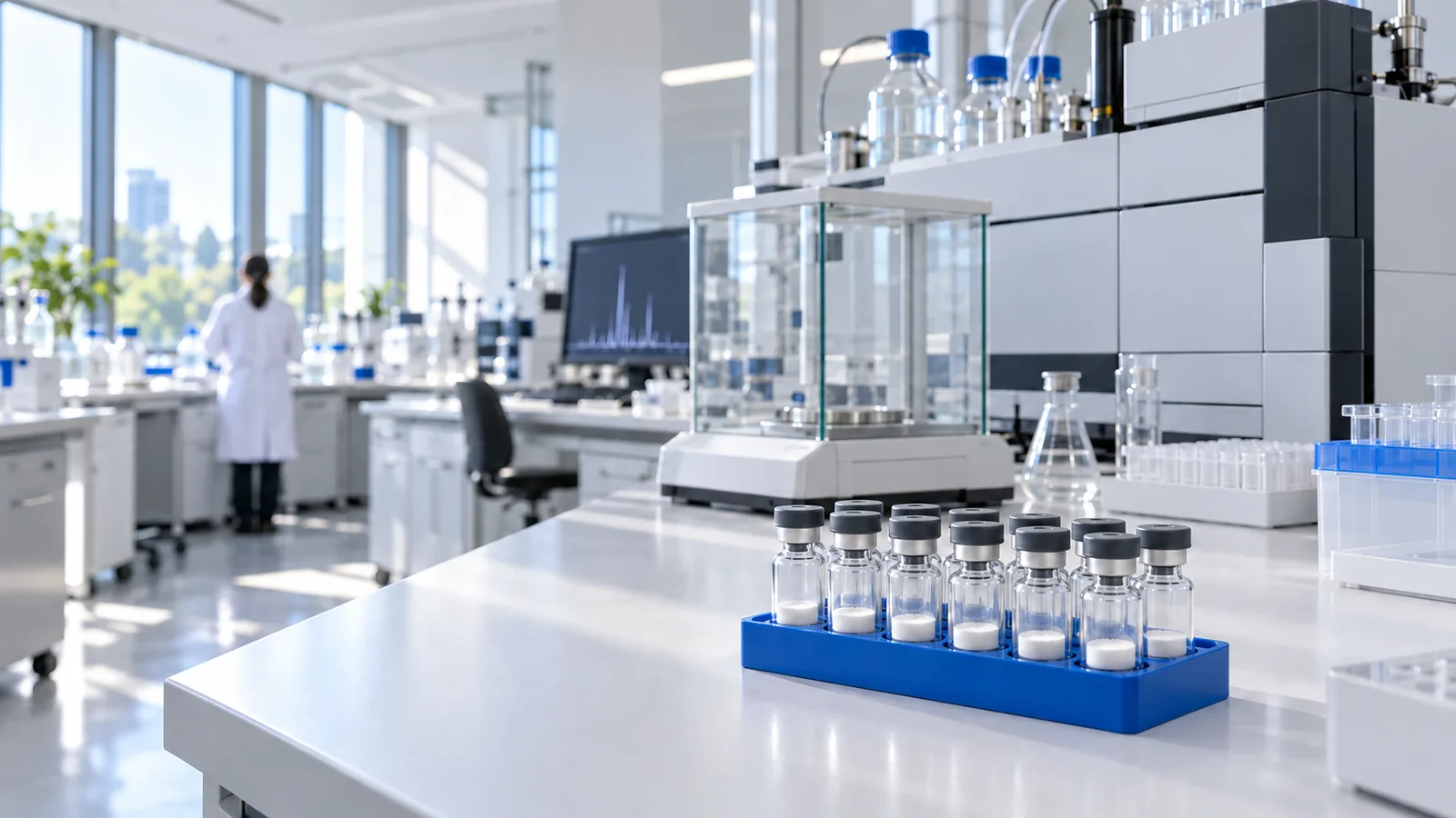 Blue rack of plain freeze-dried peptide vials sharp in the foreground of a bright laboratory, with an LC-MS instrument, a precision balance and tall windows behind