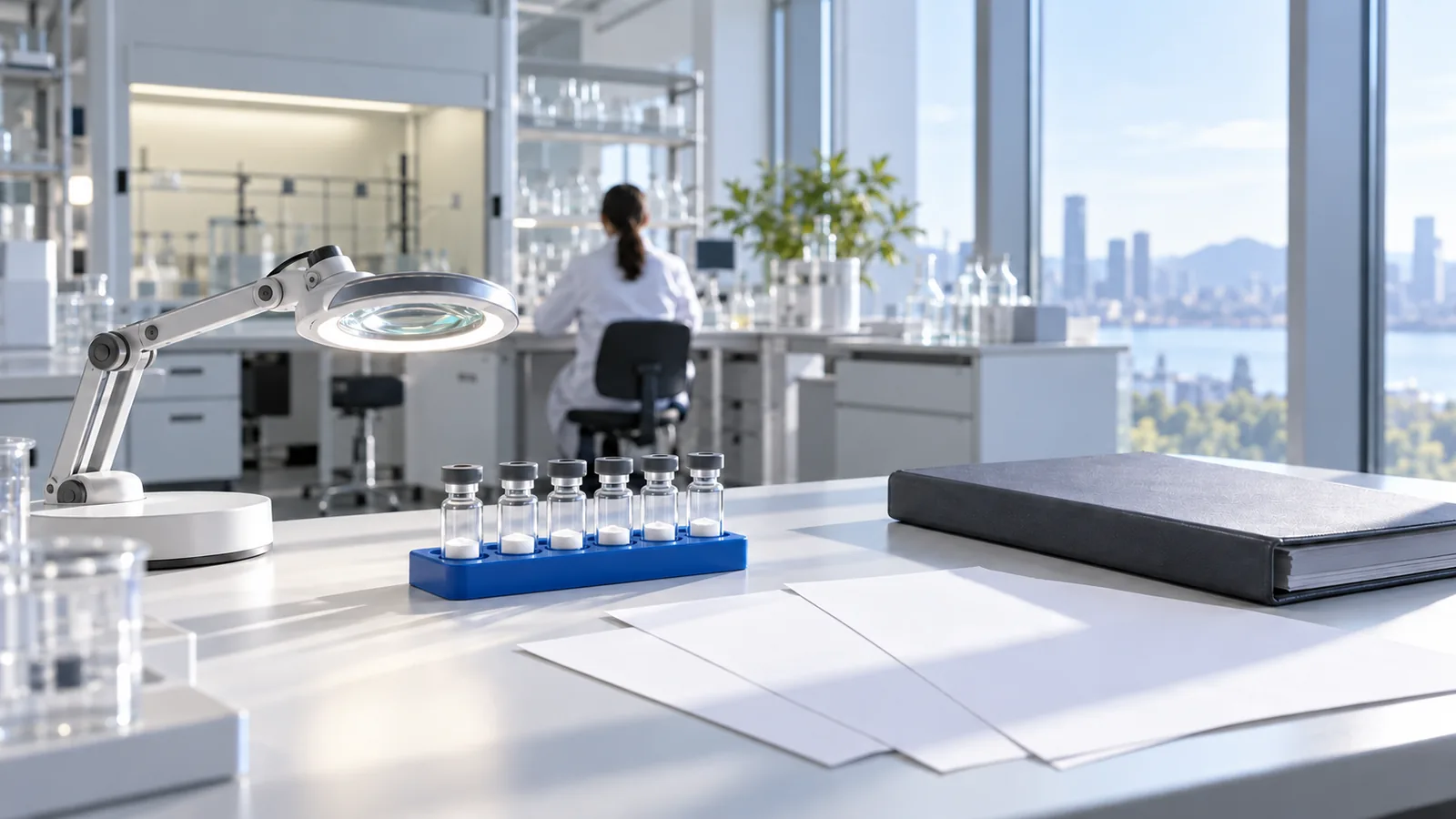 Window-side lab table with a few blank report sheets, a closed binder and a rack of plain powder vials, with benches and an out-of-focus fume hood behind