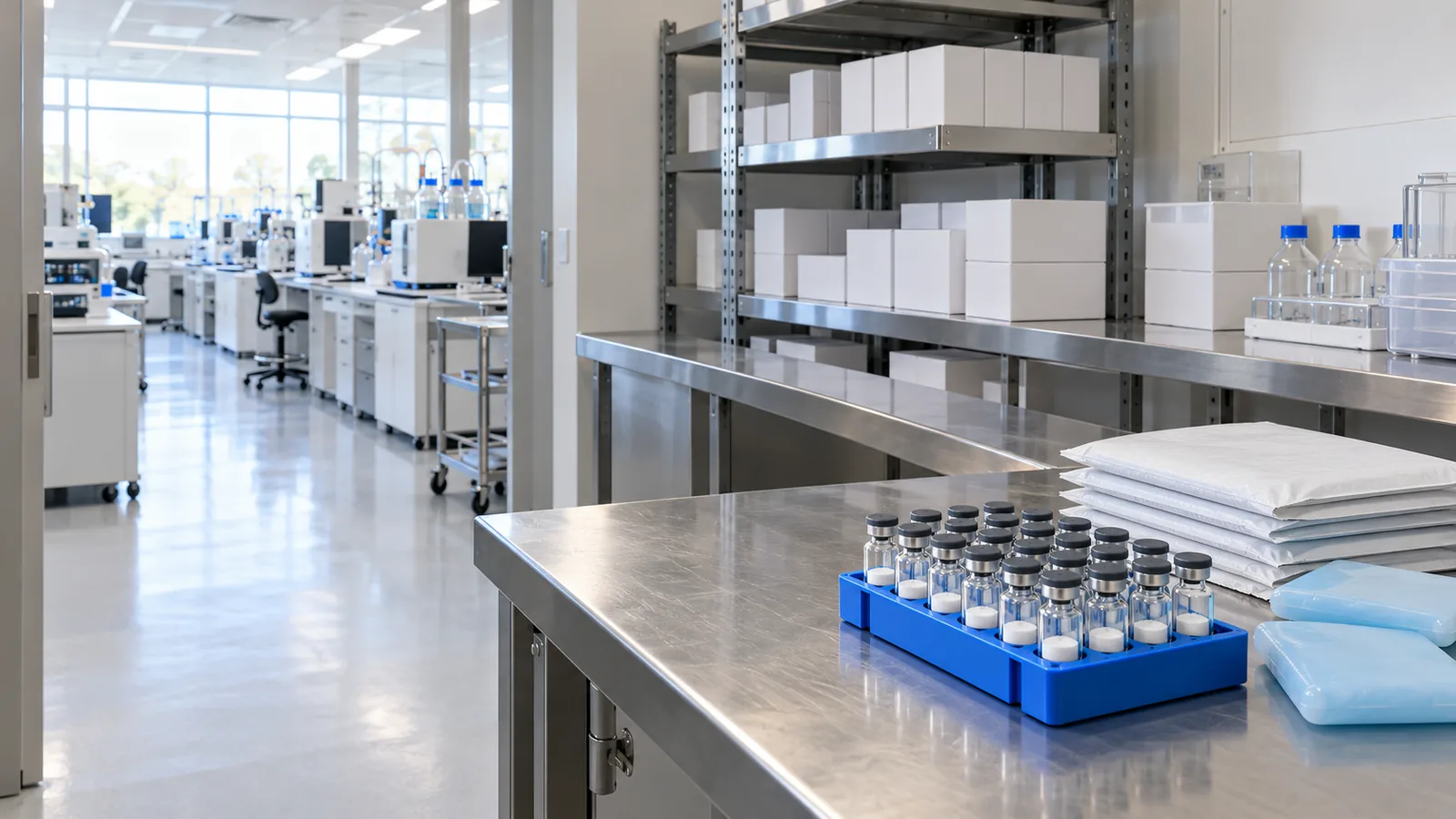Dispatch corner of a bright lab with a rack of freeze-dried vials, insulated mailers, gel cold packs and plain boxes on steel shelving