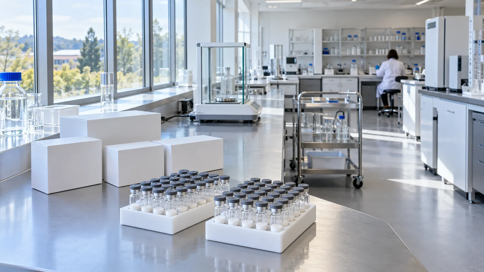 White racks of plain freeze-dried peptide vials and closed white boxes on a long bench by tall windows in a bright laboratory