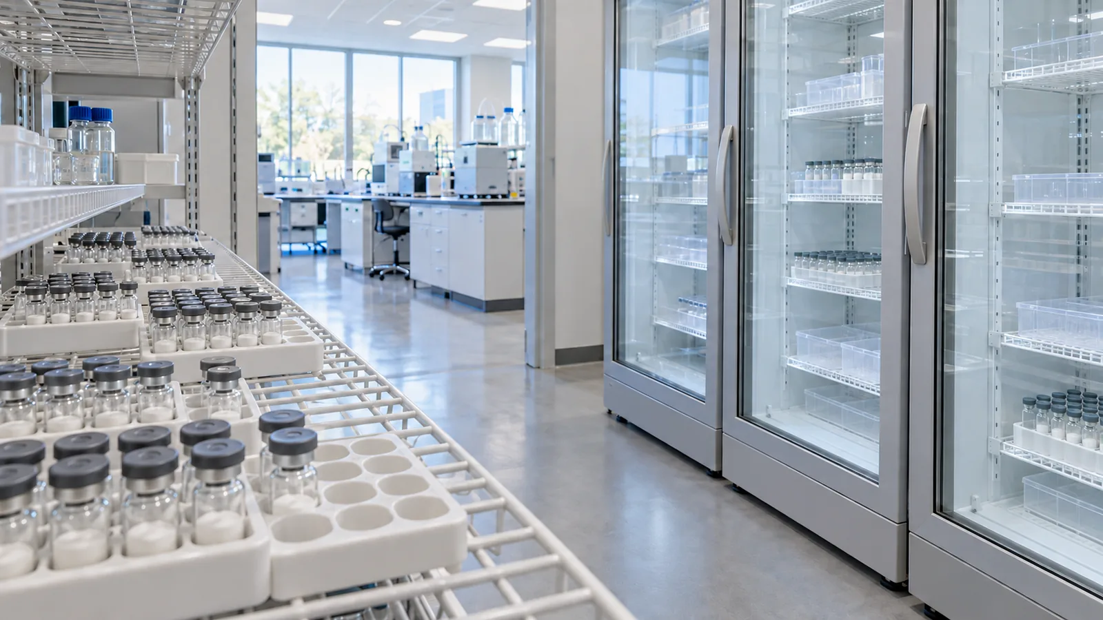 Stockroom shelf of white vial racks, some full of freeze-dried vials and some partly empty, with glass-door lab refrigerators behind