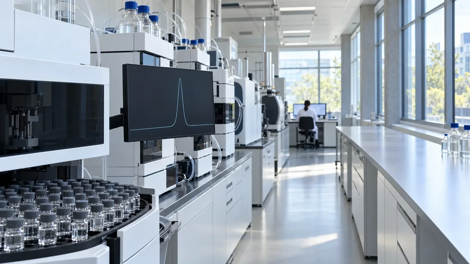 Autosampler tray of small clear sample vials in front of a row of HPLC and LC-MS instruments in an analytical laboratory