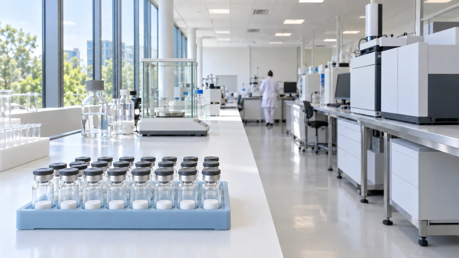 Pale-blue rack of plain freeze-dried peptide vials on a white bench in the foreground of a long, bright laboratory with a balance and LC-MS system behind