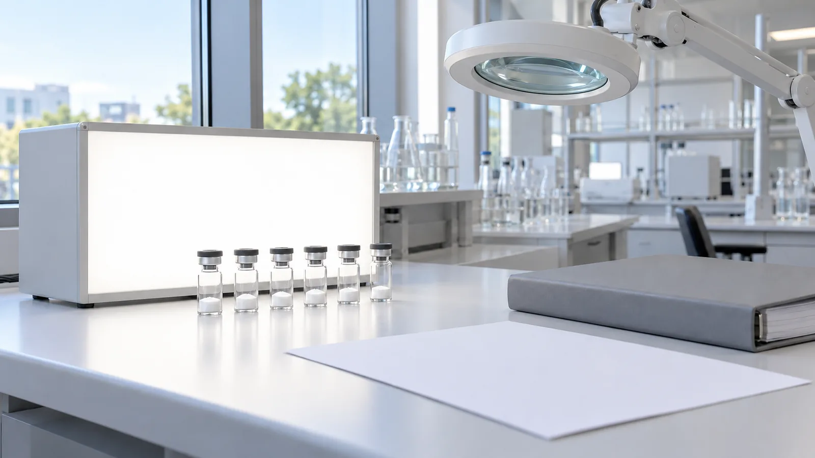 Plain freeze-dried vials lined up in front of a white inspection light box beside a blank grey binder and a magnifier lamp on a quality-control bench