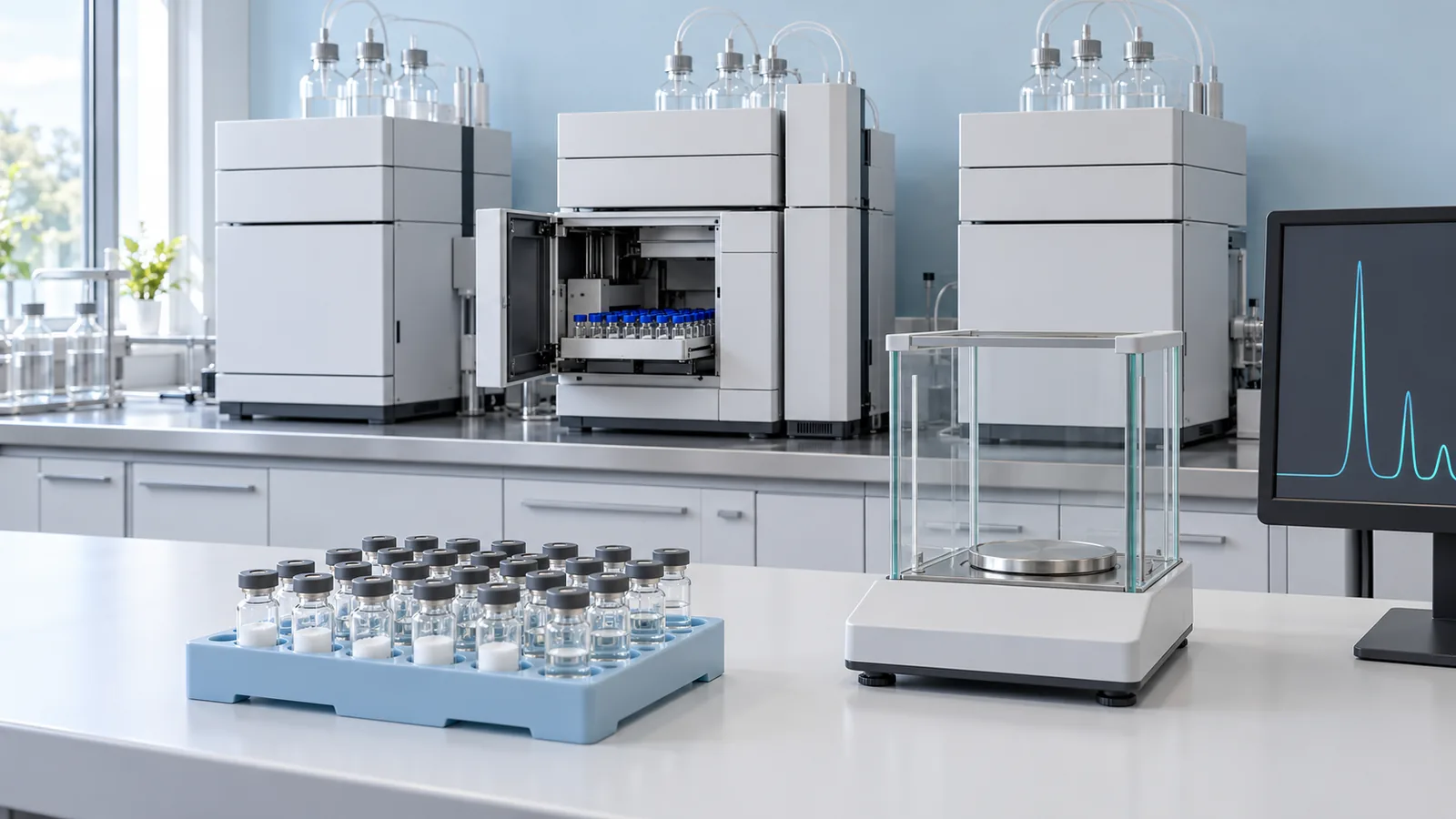 Row of white HPLC and LC-MS instruments with an open autosampler of small sample vials, and a rack of plain vials beside a balance in the foreground