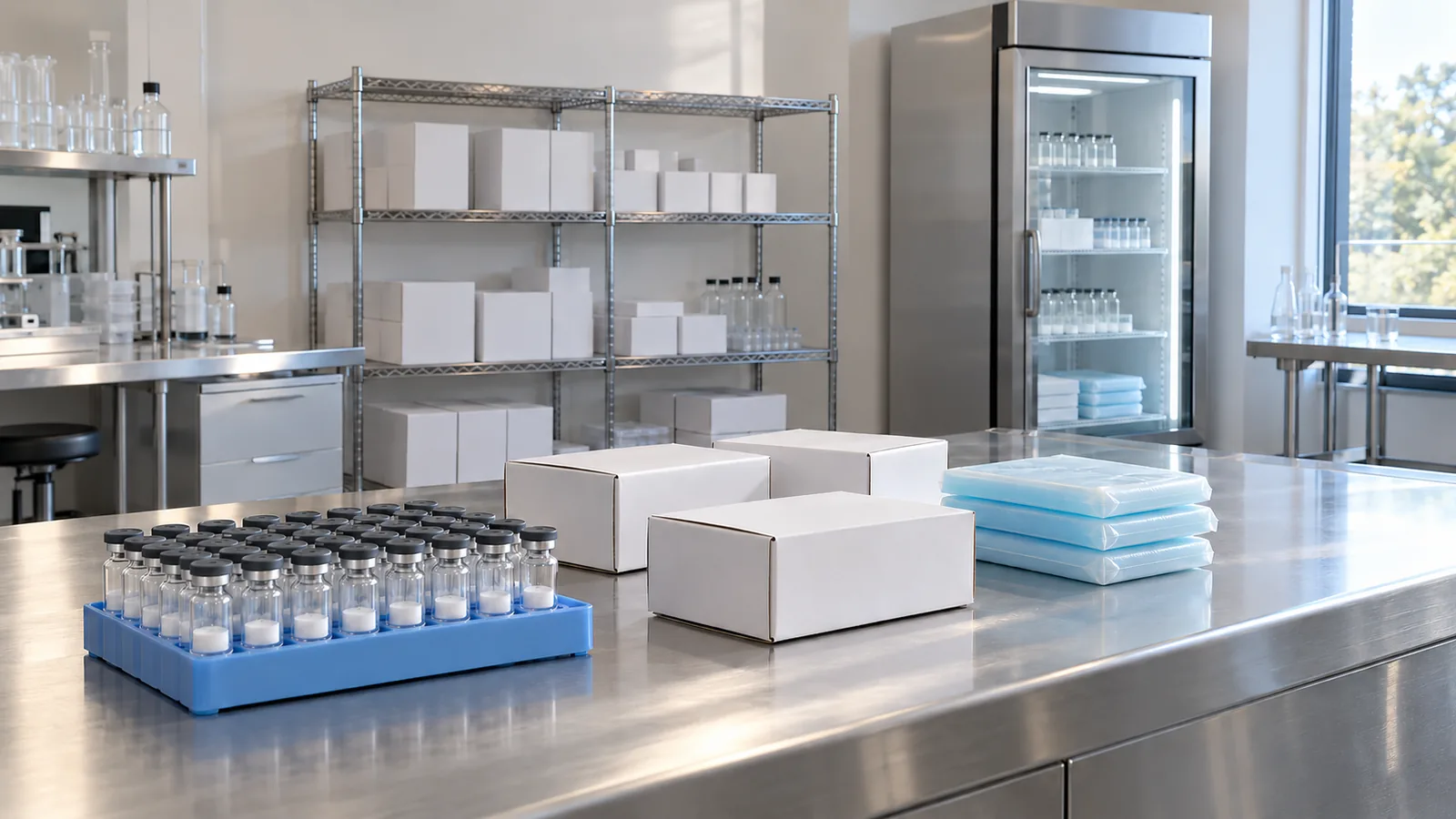 Stainless packing table with a rack of powder vials, plain white mailer boxes and pale cyan cold packs, with steel shelving and a lab refrigerator behind
