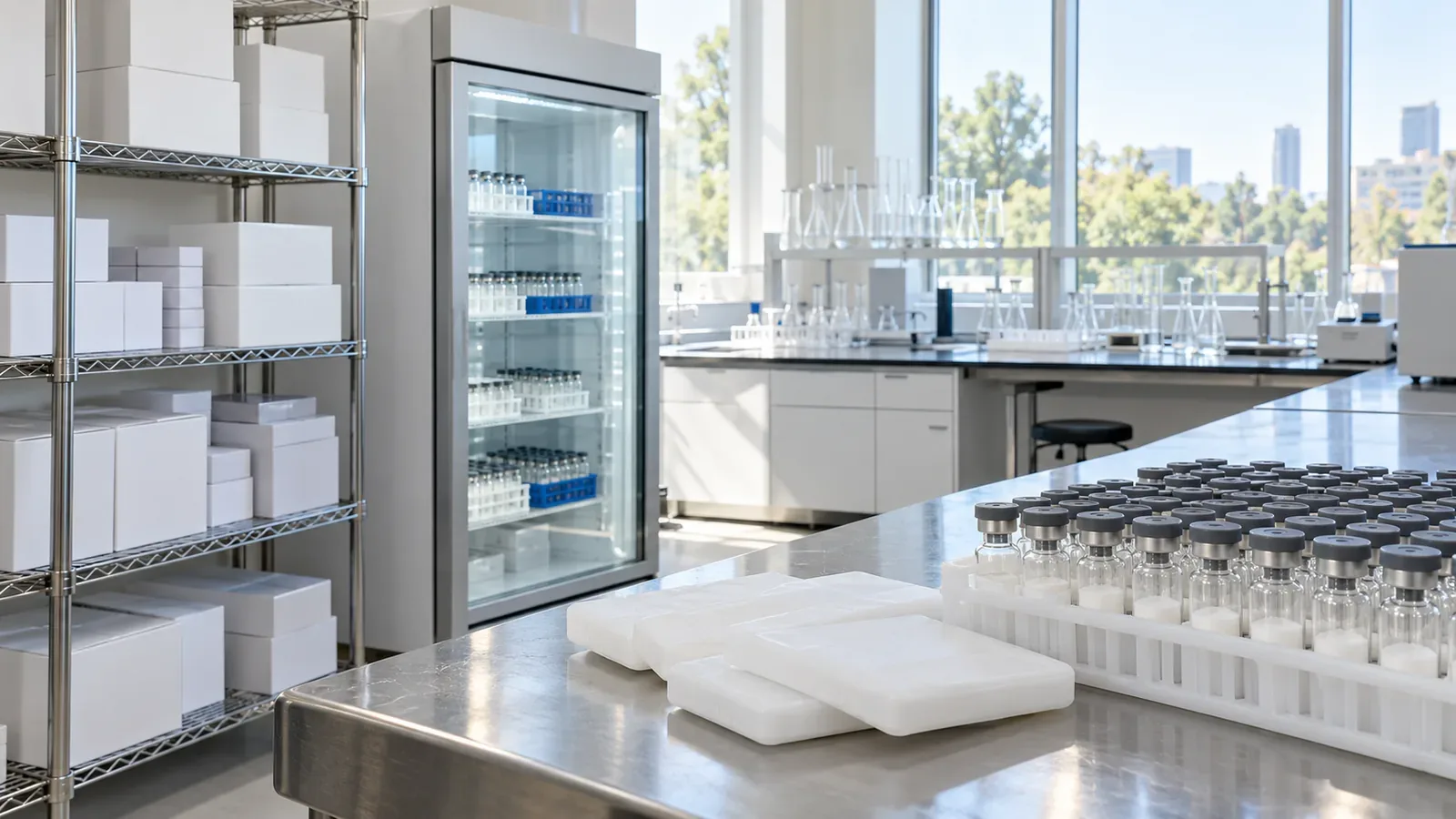 Dispatch corner of a bright lab with a rack of freeze-dried vials, insulated cold packs, plain boxes on steel shelving and a glass-door lab refrigerator
