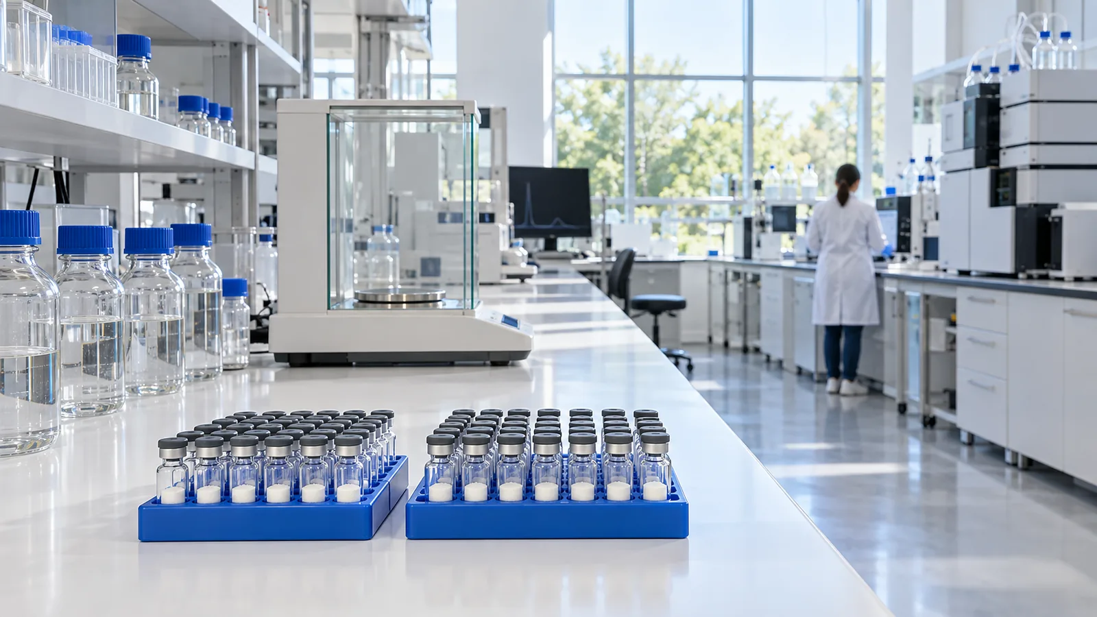 Two blue racks of plain freeze-dried peptide vials on a white bench in a bright laboratory, with a balance and an LC-MS instrument behind