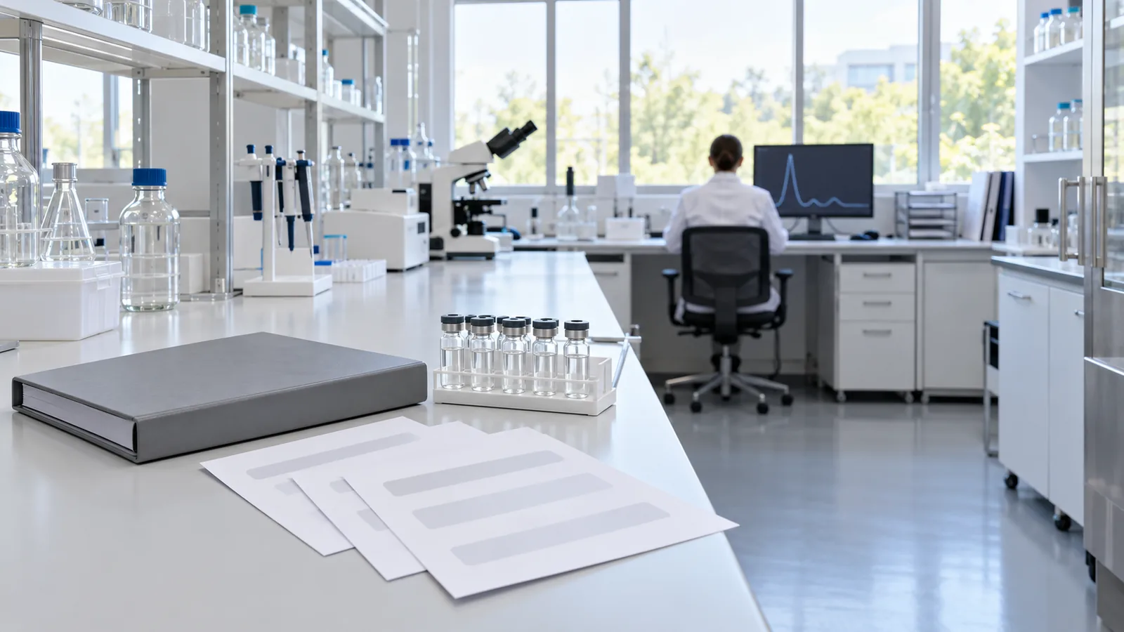 Laboratory quality-records bench with a closed binder and a rack of clear vials, a monitor showing a chromatogram and tall windows behind