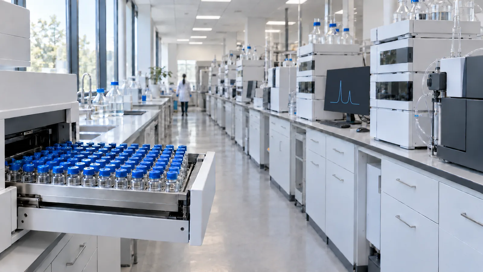 HPLC autosampler tray of small clear sample vials in the foreground of an analytical lab lined with HPLC and LC-MS instruments