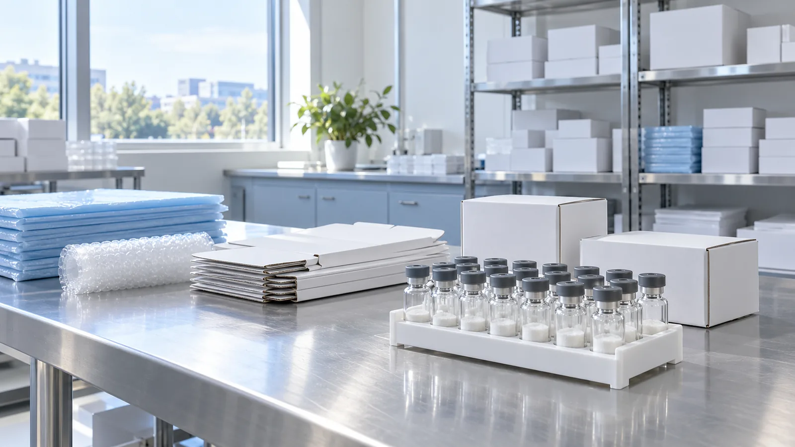 Stainless packing table with a rack of plain powder vials, small white boxes, folded mailers and bubble wrap, with steel shelving of stacked boxes and a daylight window behind