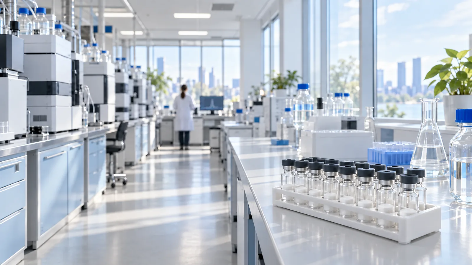 Deep view down a bright analytical laboratory with a white rack of plain freeze-dried peptide vials in the foreground, HPLC and LC-MS instruments along one wall and tall windows along the other
