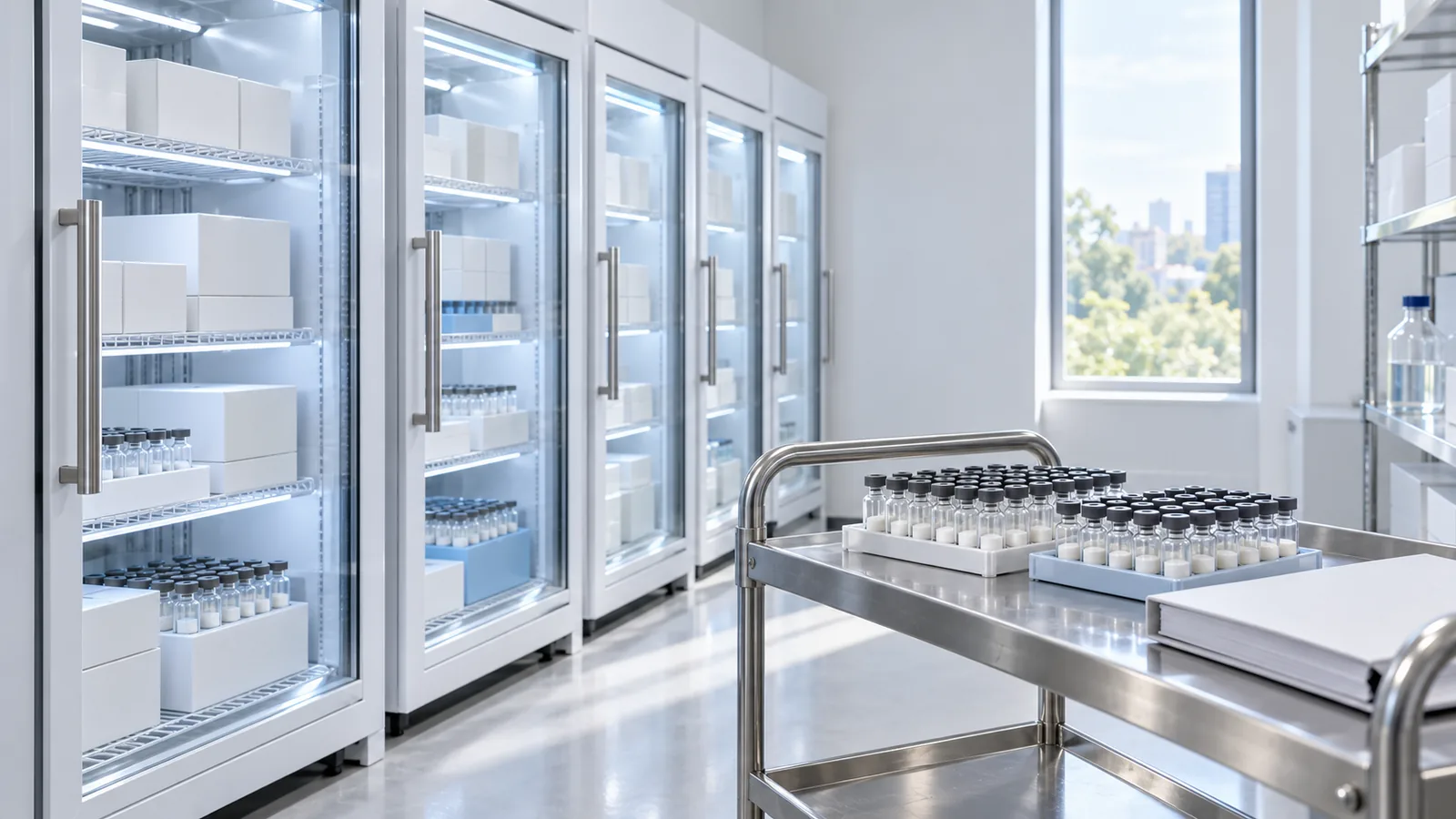Row of glass-door laboratory refrigerators holding plain white boxes and racks, with a stainless cart of plain powder vials and a closed white binder in the foreground