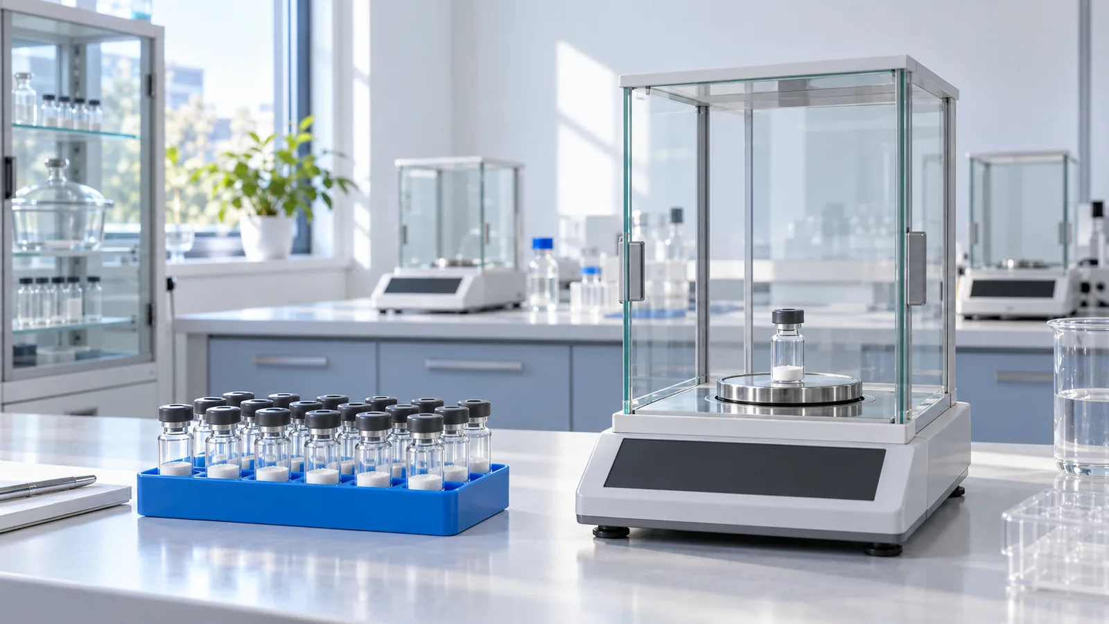 Precision analytical balance inside a glass draft shield with a plain vial on the pan beside a blue rack of freeze-dried vials, with more balances and a desiccator cabinet behind