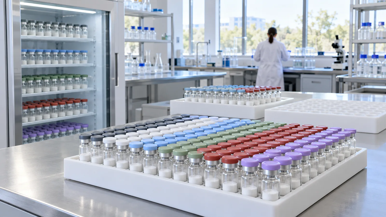 Rack of plain unlabeled freeze-dried vials with caps in several muted colors on a lab inventory bench, a glass-door refrigerator behind