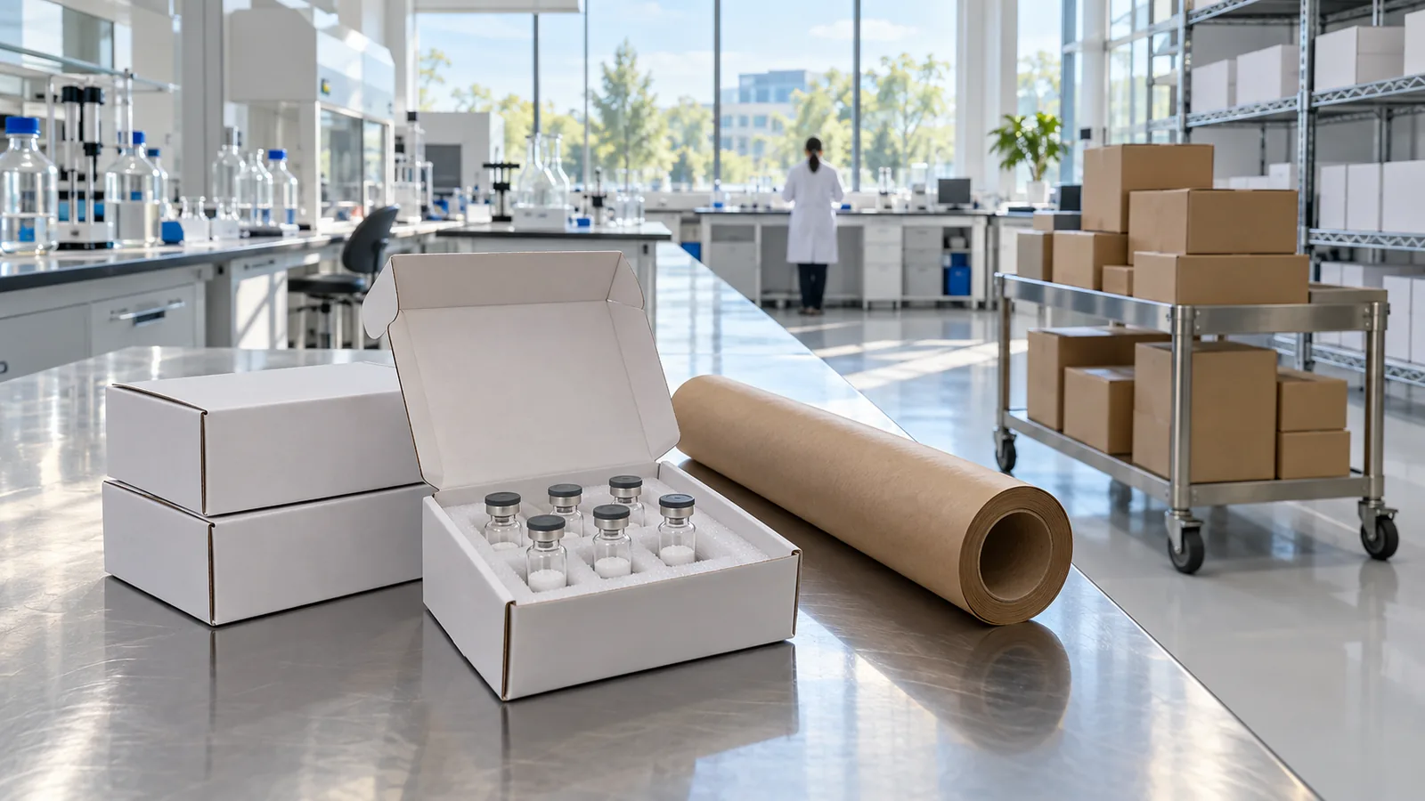 Packing table in a bright lab with small white boxes, an open foam insert holding plain vials and a cart of sealed kraft mailers