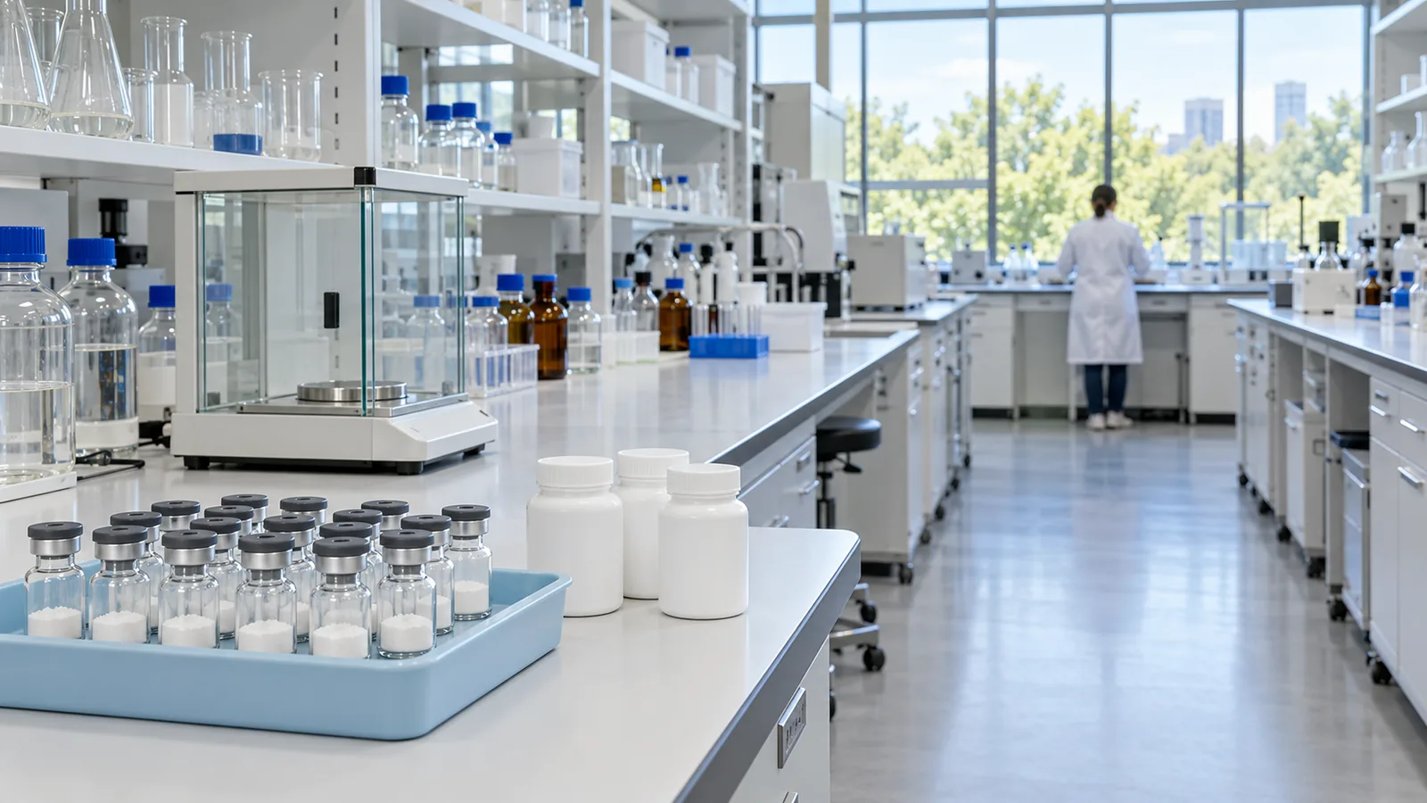 Bright research laboratory with a tray of plain freeze-dried vials and white capsule bottles on a bench, a balance and reagent bottles behind