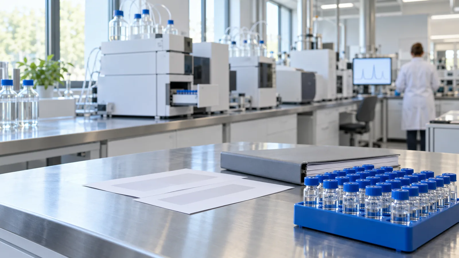 Rack of HPLC sample vials beside a closed binder in an analytical lab with HPLC and LC-MS instruments along the back wall