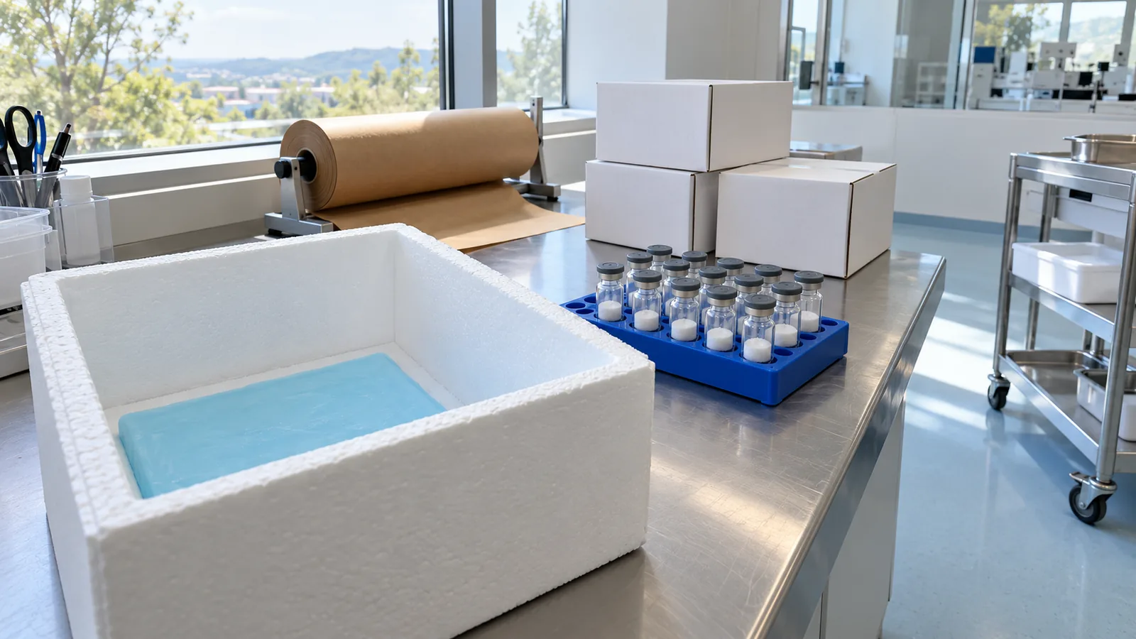 Open white insulated shipping box with a pale cyan ice pack beside plain white mailer boxes and a blue rack of powder vials on a packing bench by a window