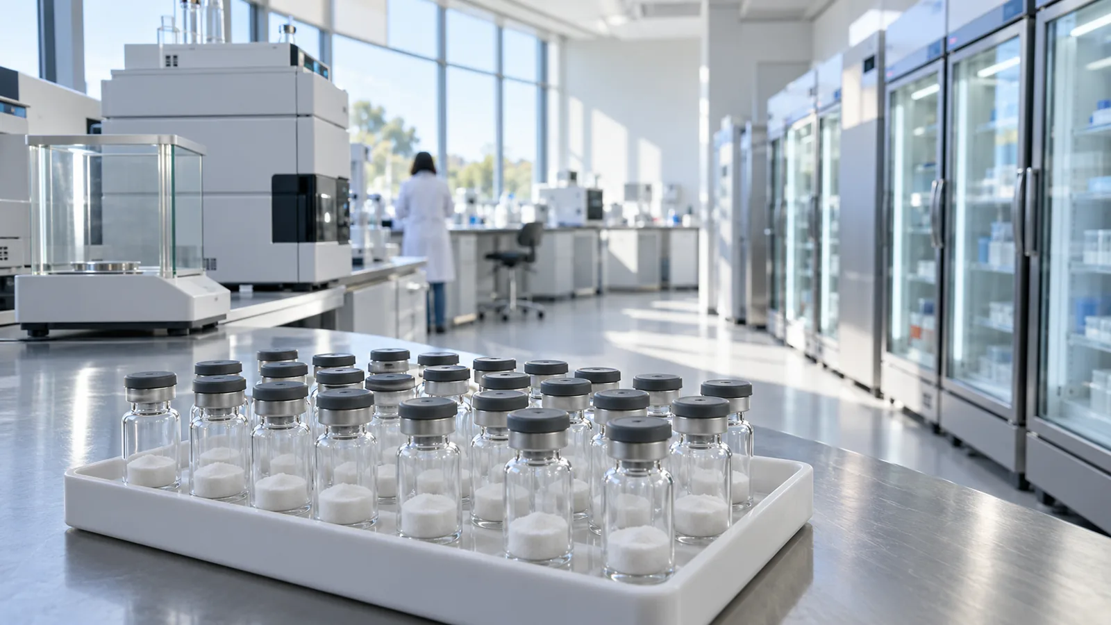 White tray of plain freeze-dried peptide vials sharp on a bench in the foreground of a long, bright laboratory with glass-door cold storage and instruments behind