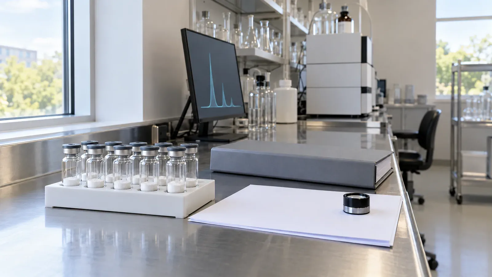 Short row of plain vials in a white rack beside a closed grey binder, face-down blank pages and a loupe on a window-side desk, a monitor showing soft chromatogram peaks