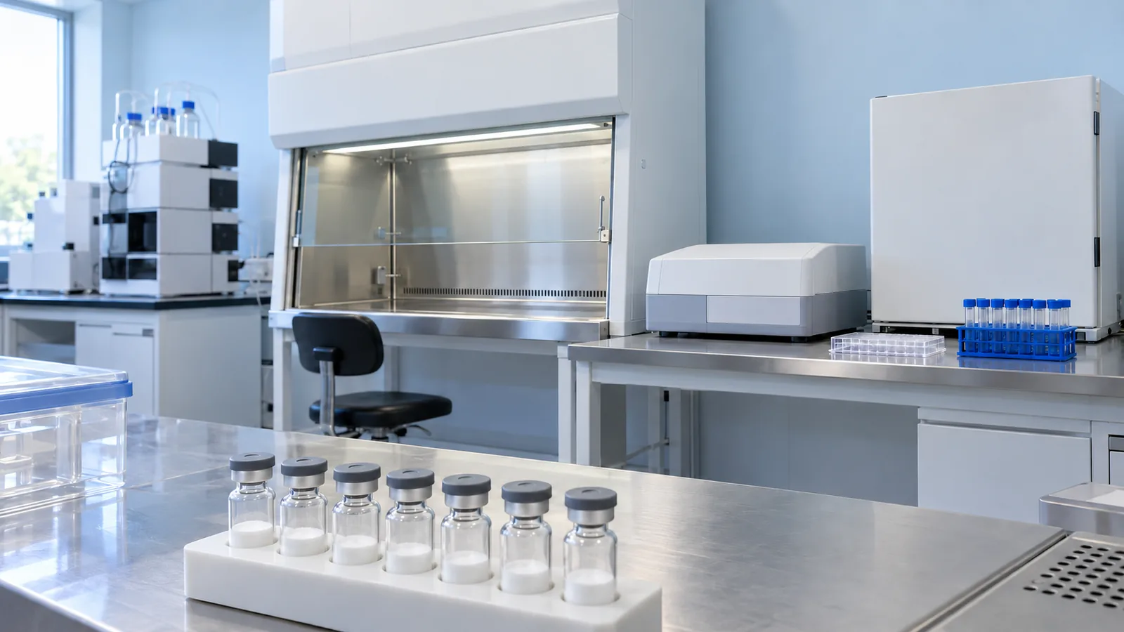 White biosafety cabinet, benchtop incubator and microplate reader with a clear well plate and a blue rack of small sample tubes, an HPLC system soft in the background