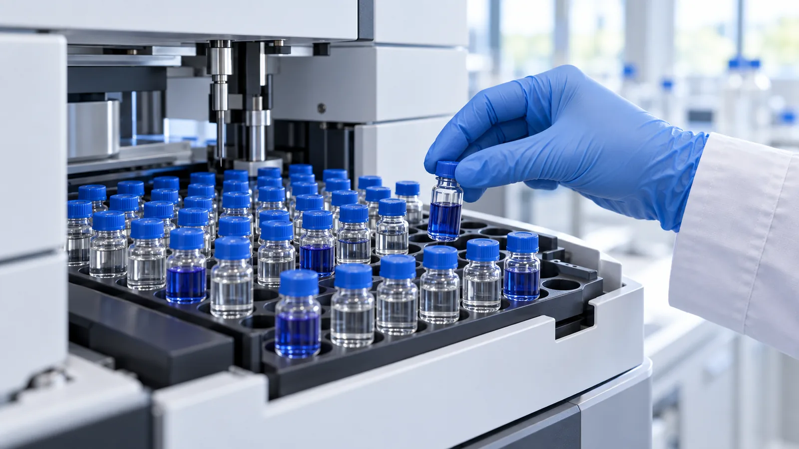 Gloved hand placing a royal blue Klow sample into an HPLC autosampler tray