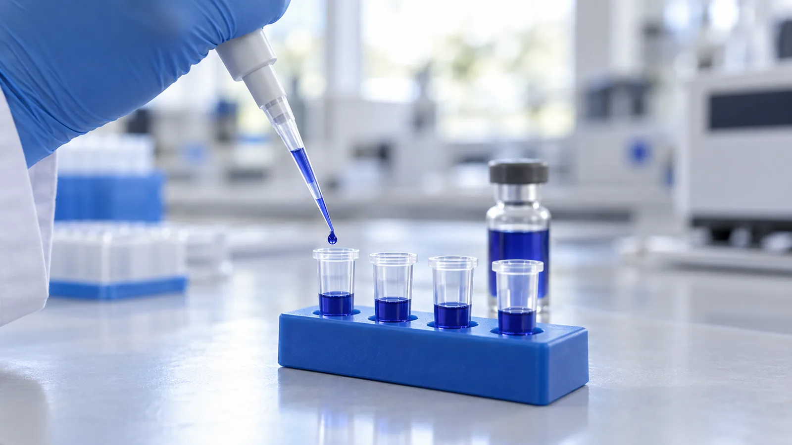 Gloved hand pipetting royal blue Klow solution into four microtubes on a lab bench